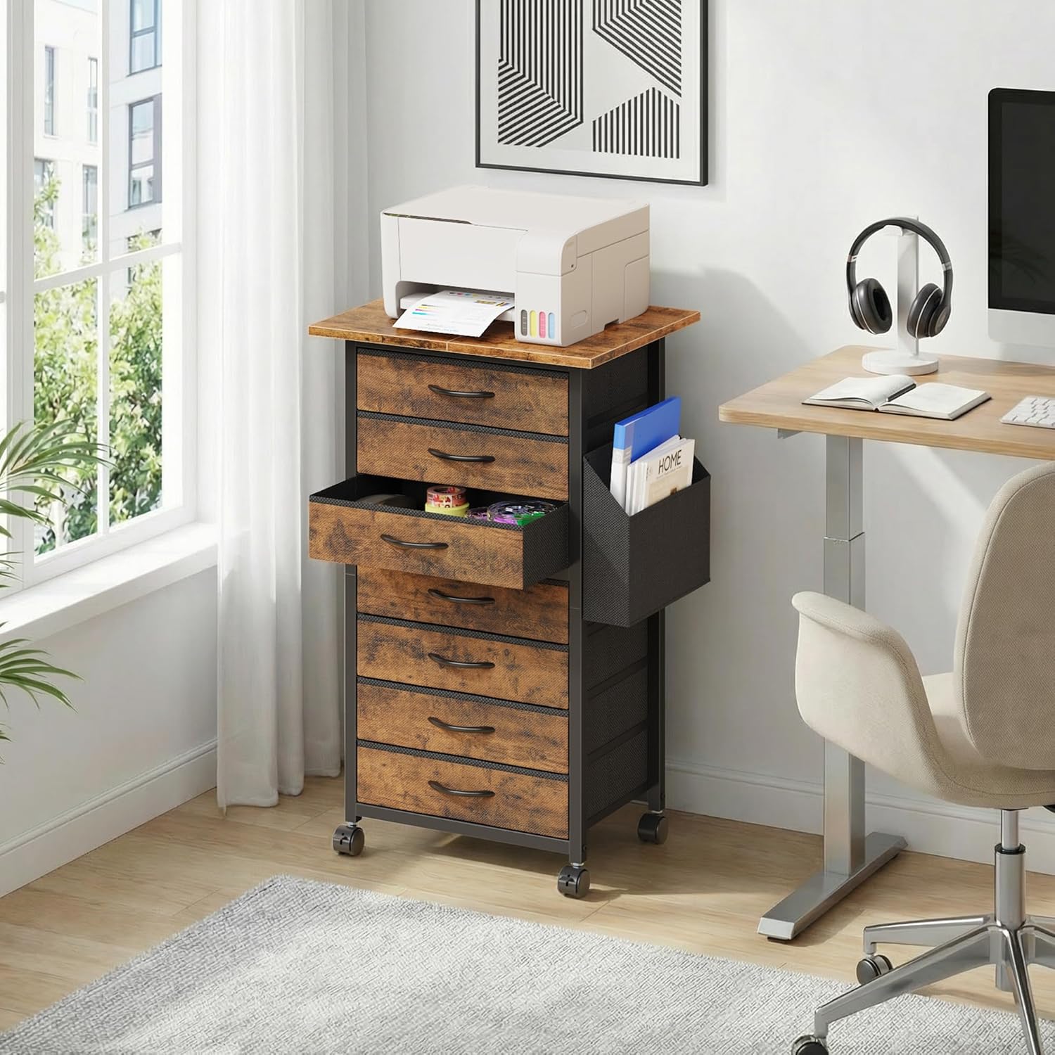 HIGDBFE 7 Fabric Drawers File Cabinet with Side Pocket, Rolling Printer Stand with Storage for Home Office, Wood Top Storage Cabinet for Documents and Crafts, Rustic Brown, 15