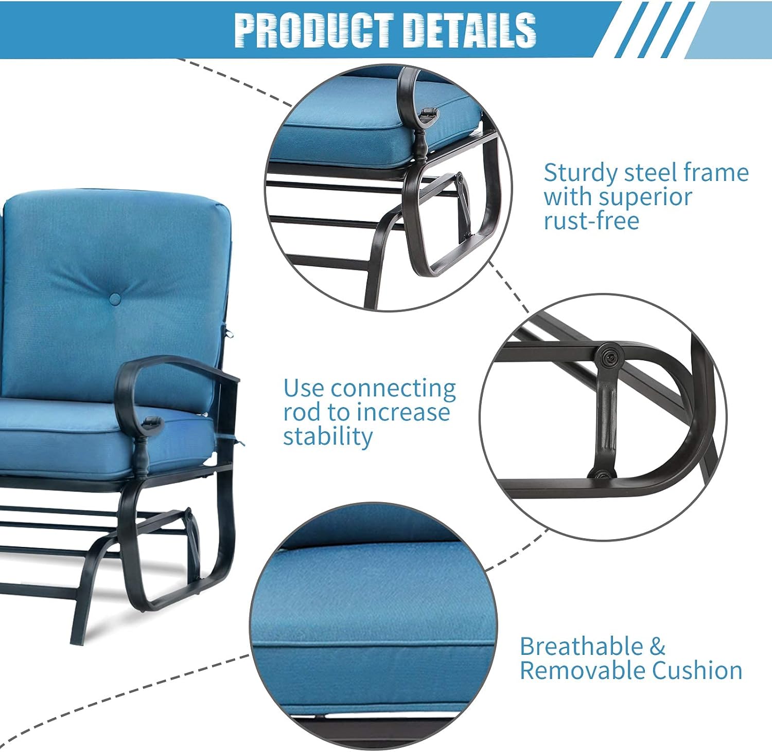 Patio Bench, Porch Glider Outdoor Swing Glider Rocking Loveseat, Steel Frame Chair with Thick Cushion (Peacock Blue)