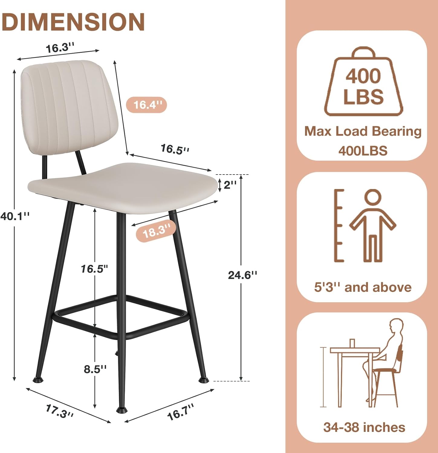 Raynesys 24-Inch Leather Bar Stools Set of 3, Counter Height Barstools with High Backrest .Bar Chairs for Kitchen Island with Heavy Duty Metal Base, Beige