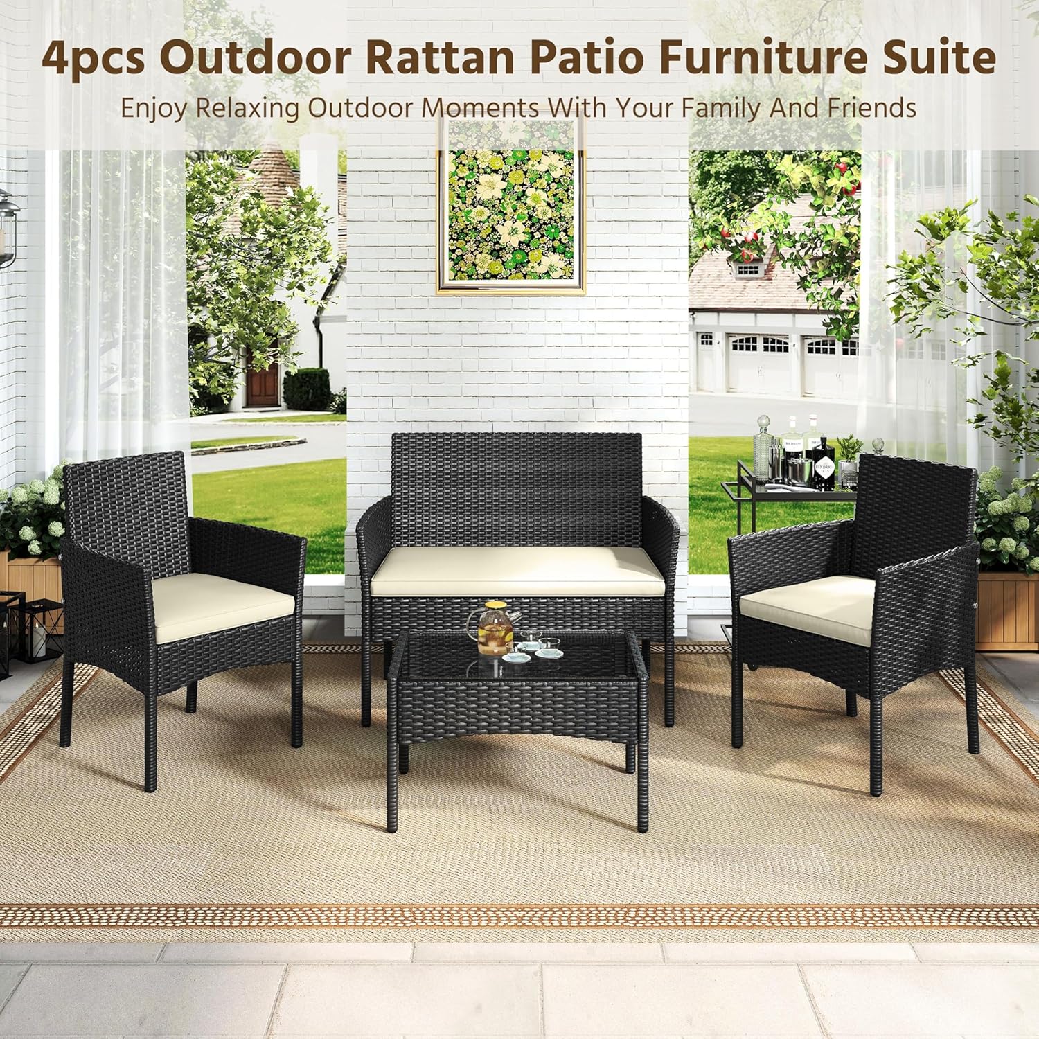 Yaheetech Patio Furniture Set 4 Pieces Conversation Sets, Rattan Chair Wicker Set Loveseat with Soft Cushion and Glass Table for Backyard Porch Garden Poolside Balcony, Black and Beige