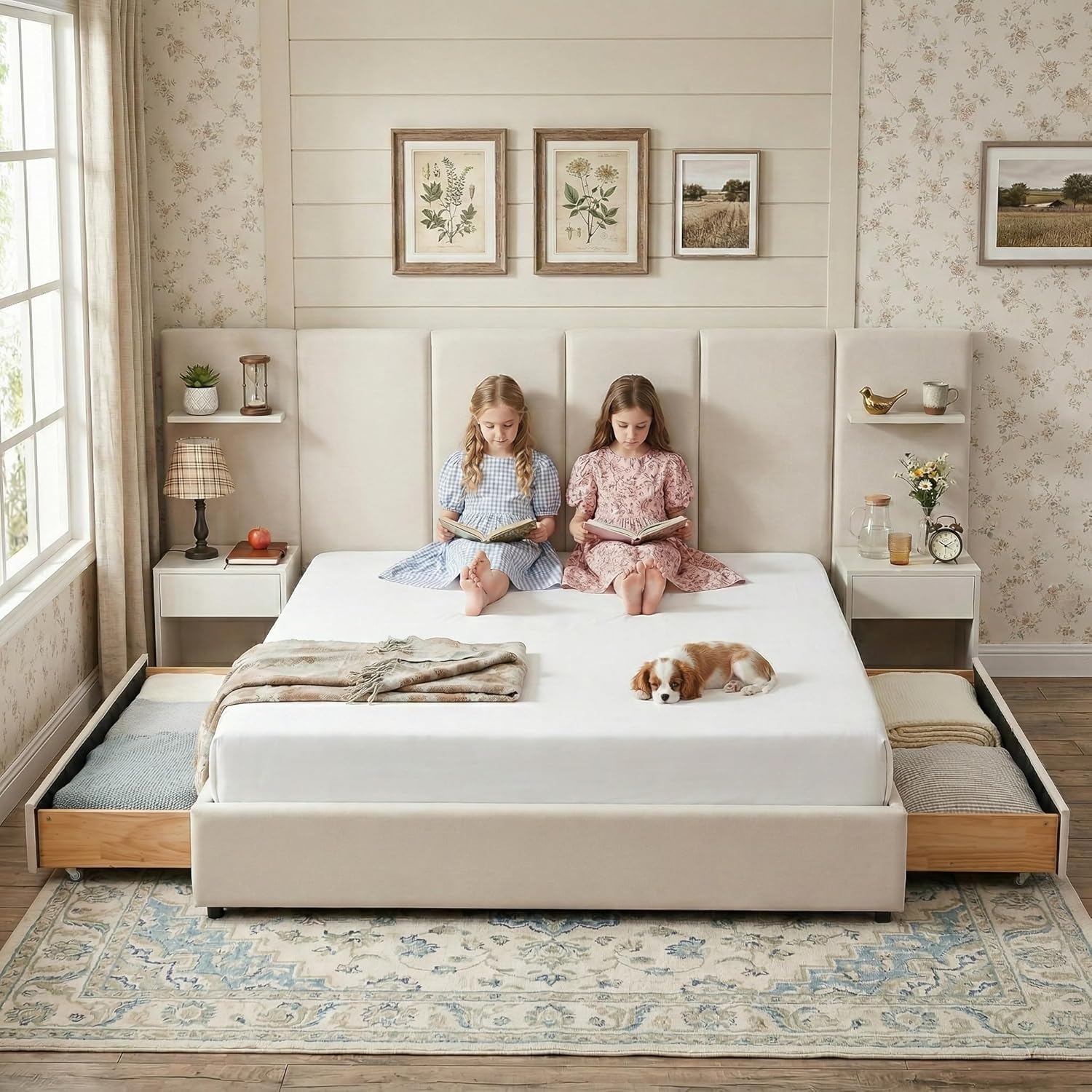King Bed Frame with Storage & Built-in Nightstands, Velvet Upholstered Platform Bed Frame with Drawers & 2 Floating Storage Shelves, Noise-Free, No Box Spring Needed, Easy Assembly, Beige