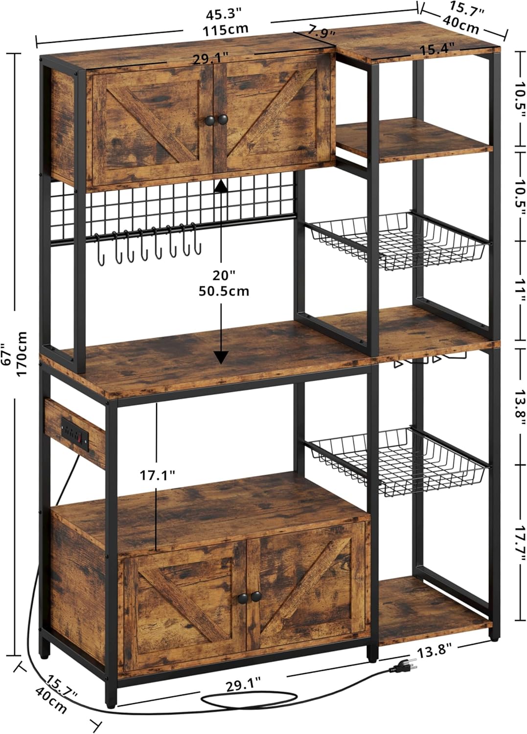 IRONCK Bakers Rack with 2 Storage Cabinets and Power Outlet, 45.3 Inch Industrial Coffee Bar Cabinet Shelves, Kitchen Microwave Stand with Storage, Vintage Brown