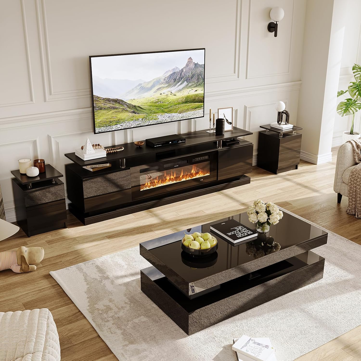 4-Piece Modern Living Room Table Set, Includes High Gloss 70
