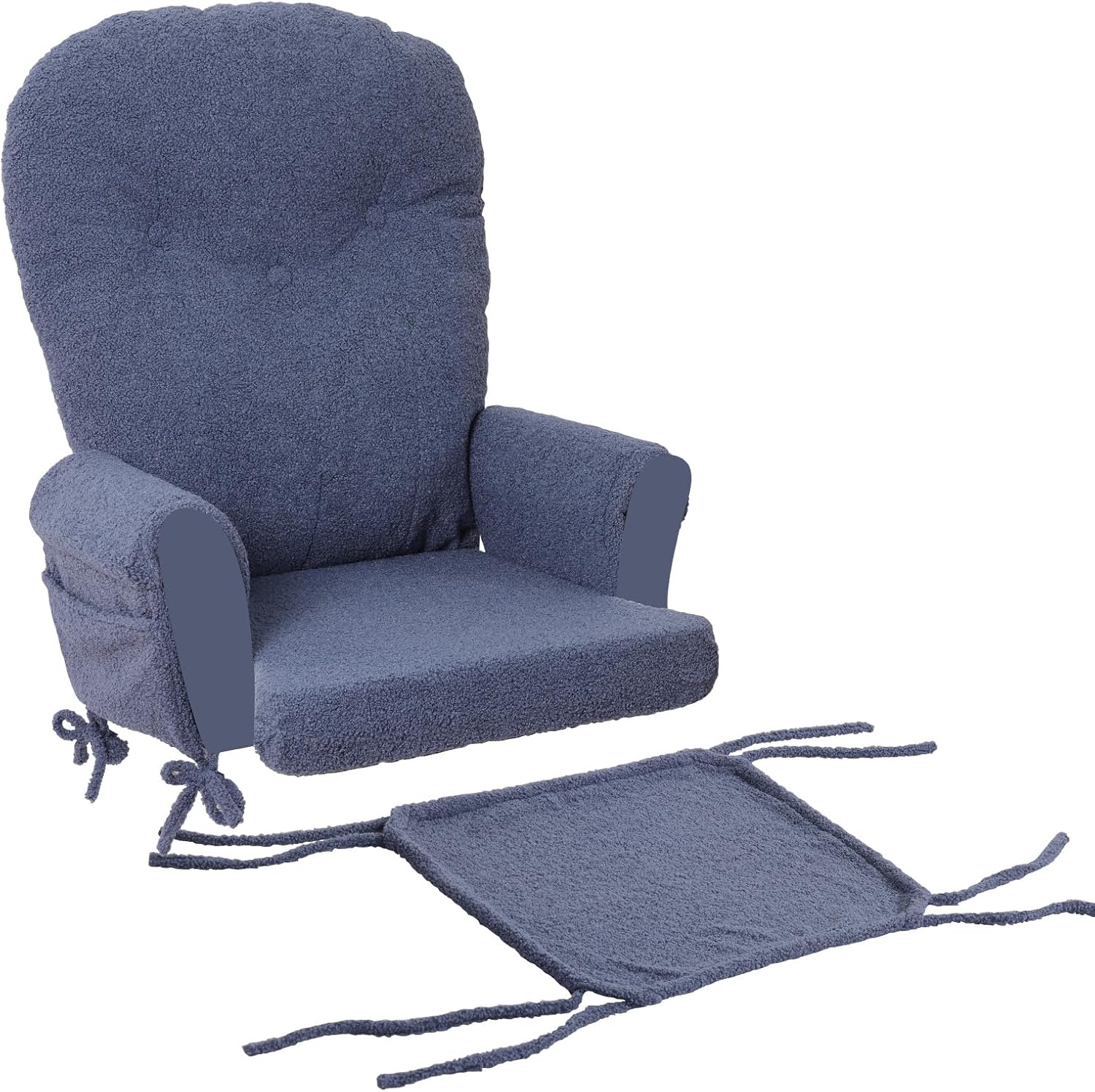 5PCS Glider Rocker Replacement Cushions with Ottoman Cover, Tufted High Back & Teddy Plush Rocking Chair Cushion Set, Thickened 3.5'' Glider Cushions with Side Pockets for Indoor Nursery, Dark Blue
