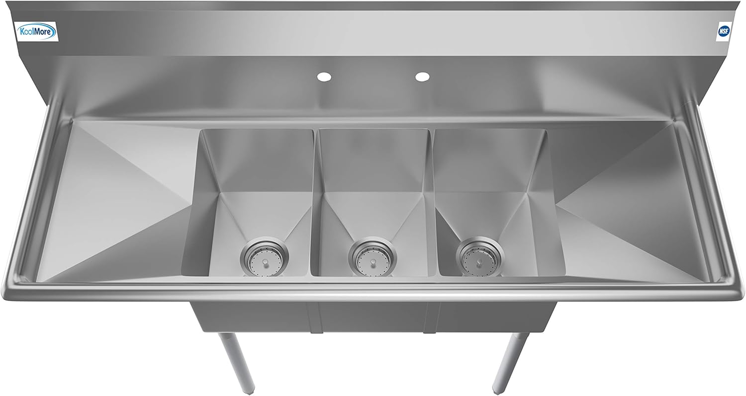 KoolMore - SC101410-12B3 3 Compartment Stainless Steel NSF Commercial Kitchen Sink with Right and Left Drainboards - Bowl Size 10