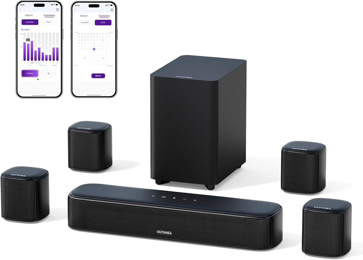 ULTIMEA 7.1ch Virtual Surround Sound Bar, Sound Bar for Smart TV with 4 Surround Speakers, Peak Power 330W, Surround Sound System for TV, App Control, TV Soundbar with Subwoofer, Opt/AUX/BT, Aura A40