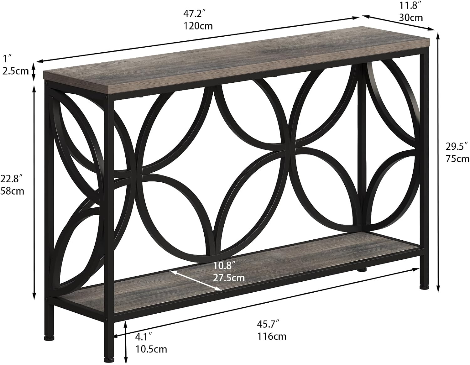 GiftGo Narrow Sofa Table 47.2 Inch, Industrial Sofa Table Behind Couch, Vintage Entry Console Table with Storage for Entryway, Living Room, Foyer, Elegant Design (Grey, 47.2)