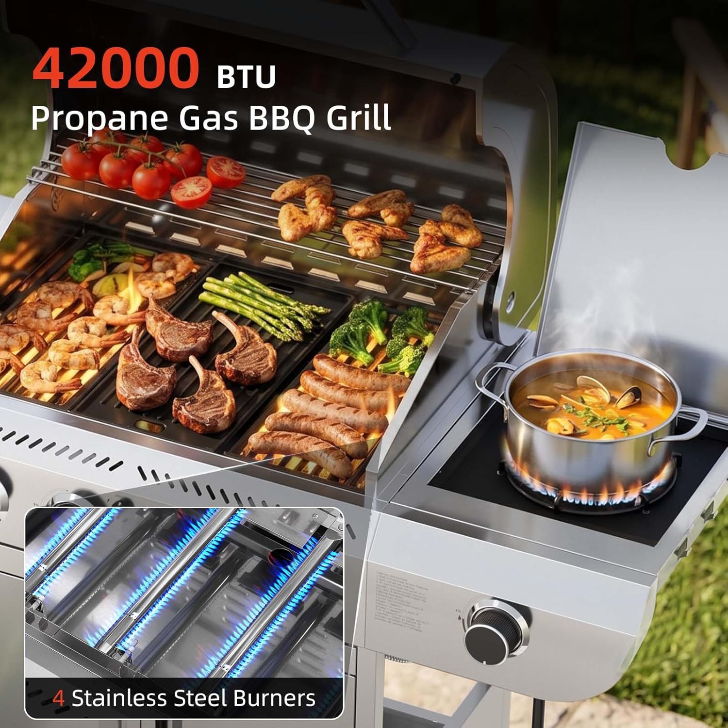 COWSAR 4-Burner Gas Grill, 42000 BTU BBQ Grill, Stainless Steel Barbecue Grill with Side Burner, Enameled Cast Iron Grill, Pull-Out Oil Tray, Suitable For Outdoor, Backyard Barbecues