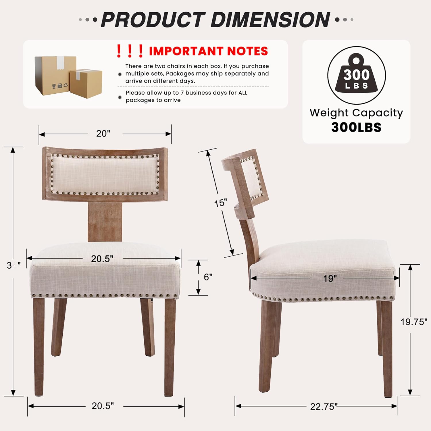 HNY Mid Century Modern Dining Chairs Set of 2, Farmhouse Linen Fabric Upholstered Accent Chairs Curved Nailhead Trim Backrest Kitchen Chairs, with Hardwood Frame, Beige