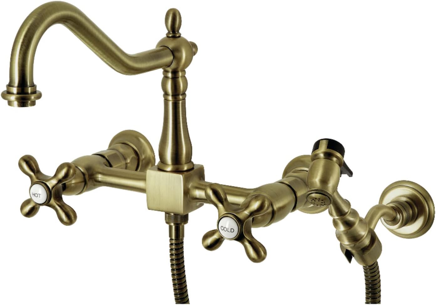 Kingston Brass KS1243AXBS Heritage 8-Inch Wall Mount Kitchen Faucet with Brass Sprayer, Antique Brass