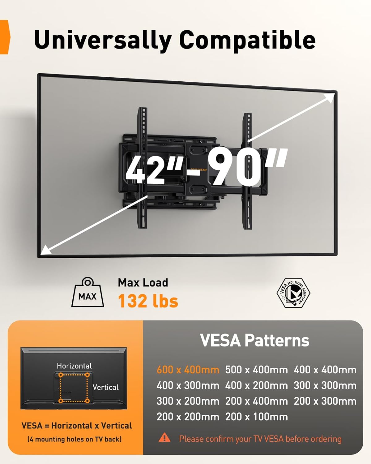 Perlegear UL Listed Full Motion TV Wall Mount for 42-90