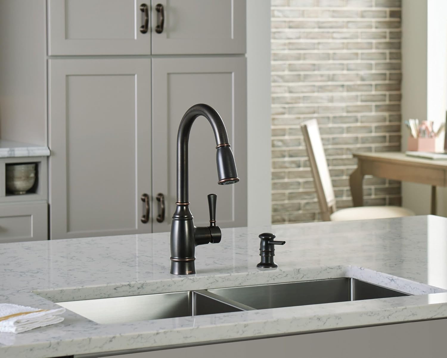 Moen Noell Mediterranean Bronze Pull‑Down Kitchen Faucet with Soap Dispenser, Featuring PowerClean and a Reflex Docking System, 87791BRB