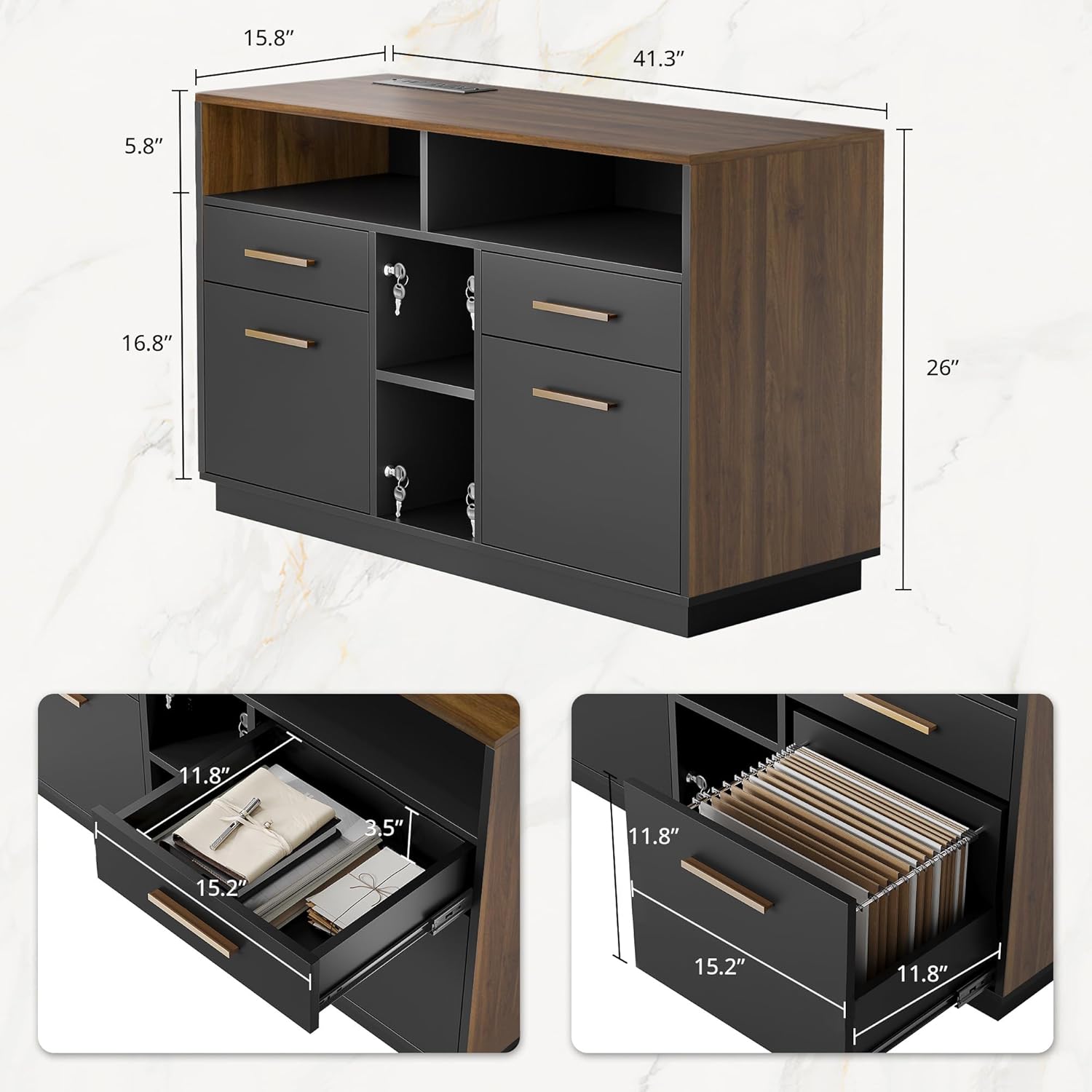 ModernMate 4 Drawer File Cabinet, Wood Filing Cabinet for Home Office with Lock, Power Strip, Storage Shelves, Home Office Lateral File Storage Fits A4/Letter Size, Black Walnut