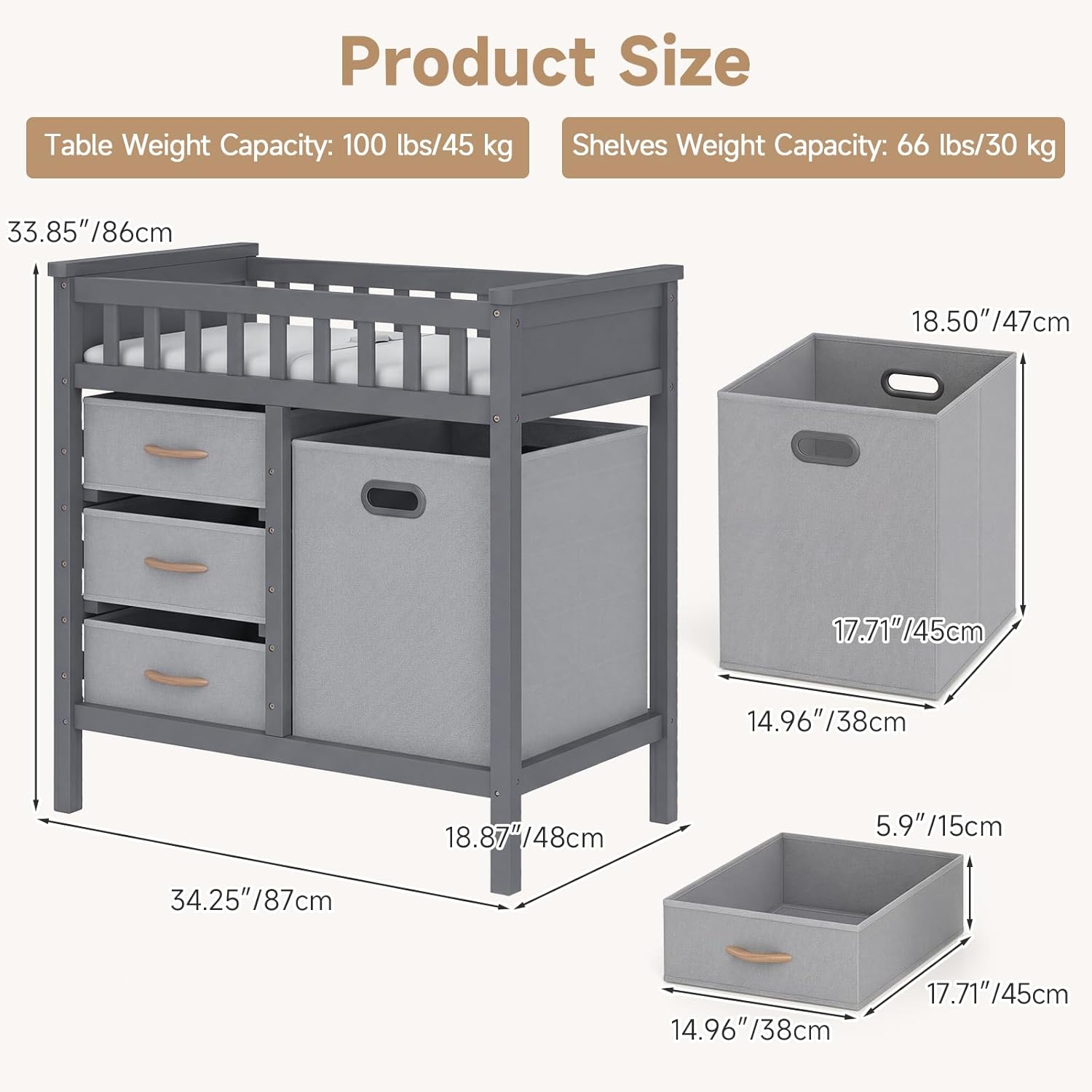 INFANS Wooden Baby Changing Table with Comfy Changing Pad, 3 Fabric Drawers, Laundry Hamper, Safety Belt, Diaper Station Dresser for Nursery Infant (Gray)
