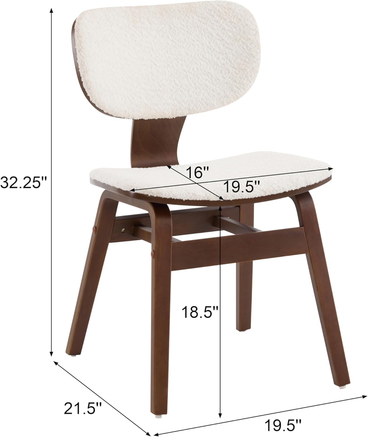 Christopher Knight Home Set of 2 Soft Boucle Fabric Upholstered Dining Chairs with Wood Frame, Curved Backrest Armless Accent Chair, Side Chair with Support Bar, Dining Room, Kitchen, White and Walnut