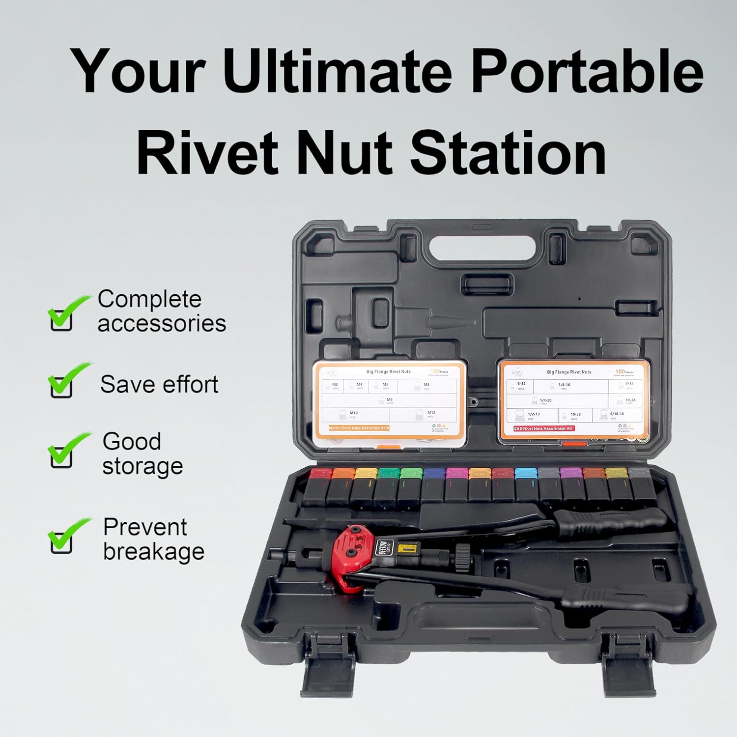 BEETOW Professional Rivet Nut Tool Kit – 16'' Rivnut Gun with 15 SAE & Metric Mandrels (M3–M12, #6, #8, #10, 1/4