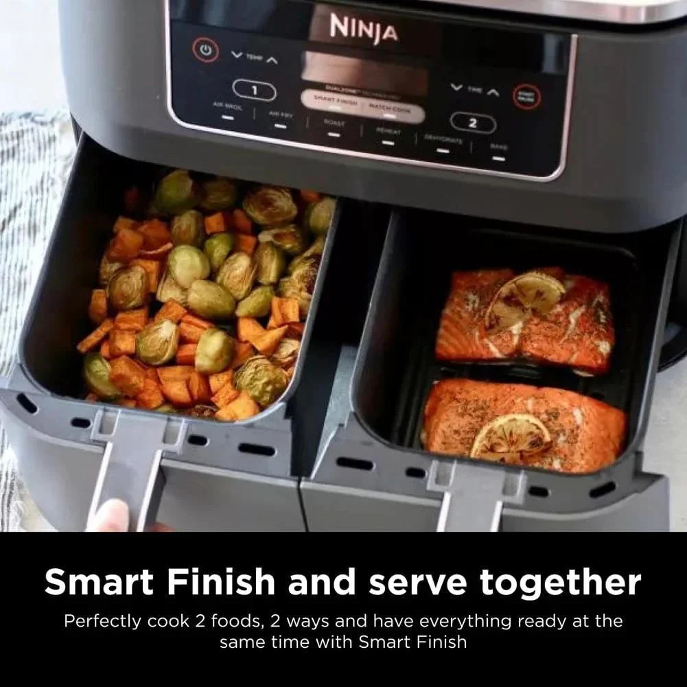 Ninja Foodi 10QT 6-in-1 DualZone Smart XL Air Fryer, 2 Independent 5QT Baskets, Smart Cook Thermometer, Match Cook, Smart Finish, Air Fry, Roast, Bake, Dehydrate, Reheat, Grey, DZ550