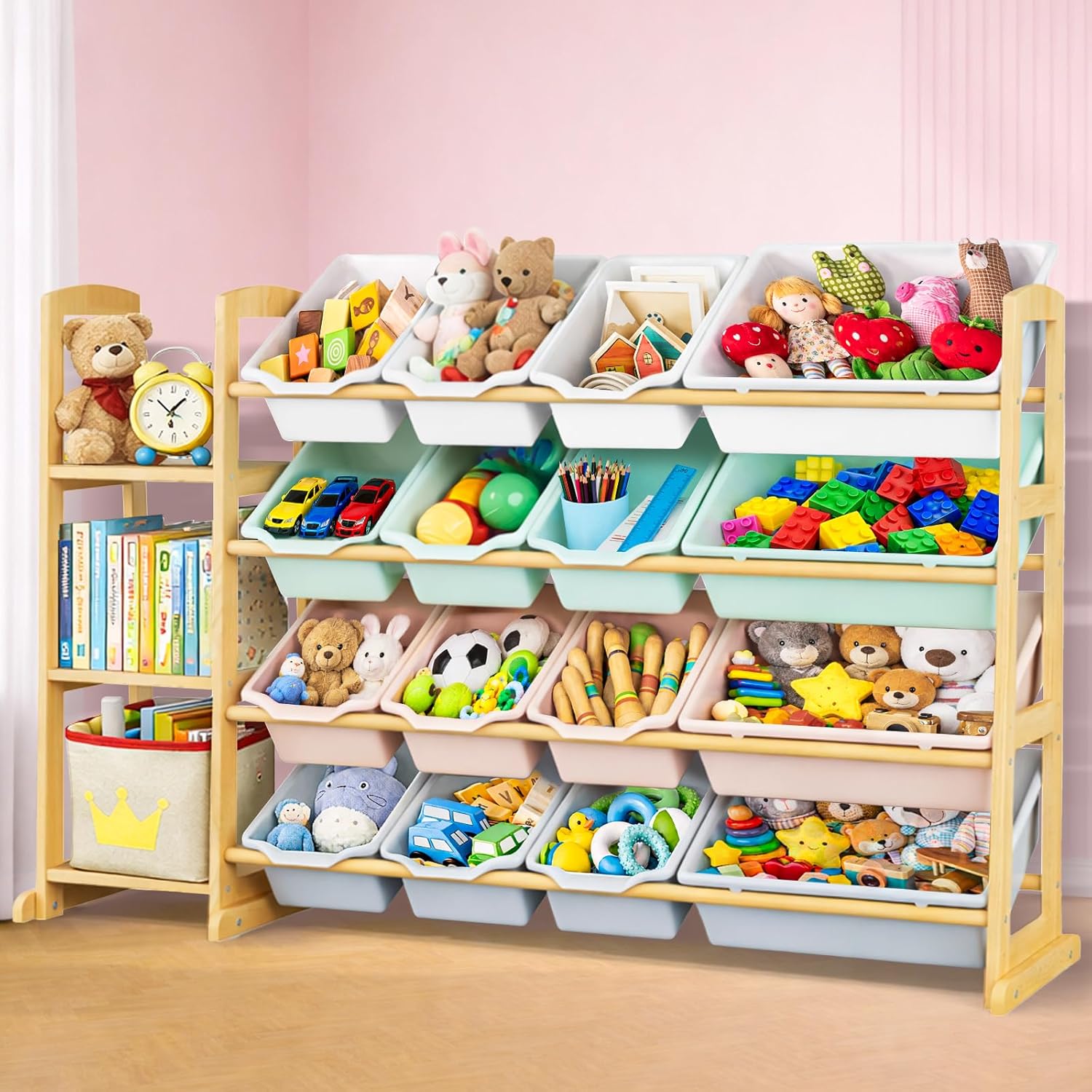 Kids Toy Storage Organizer with Bookshelf – Wooden Shelf with 16 Bins & 3 Shelves, Quick Assembly Storage Rack for Playroom, Bedroom, Nursery– Colorful