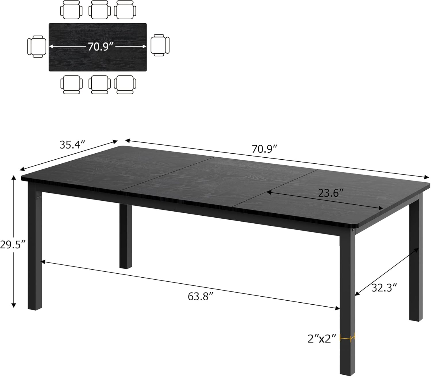GarveeHome 70.8 in Industrial Dining Table for 6, Wooden Long Dinner Table with Mortise Tenon Design, Kitchen Table with Sturdy Metal Legs, for Dining Room Home Office Living Room, Black