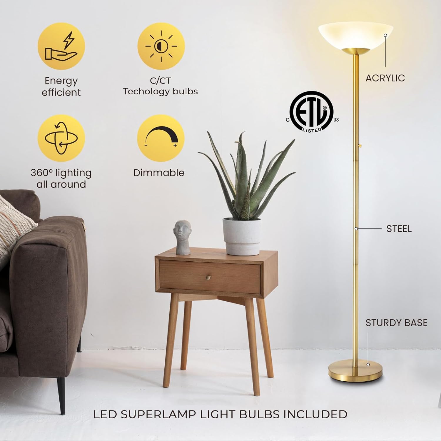 Modern Floor Superlamp 10000 Lumen - LED 75W, Dimmable 5 Changing Color, 85 CRI All Around Light, Tall Corner Standing Lamp with Cement Base and Acrylic Shade, Glare Free UpLight Kit Ready - White