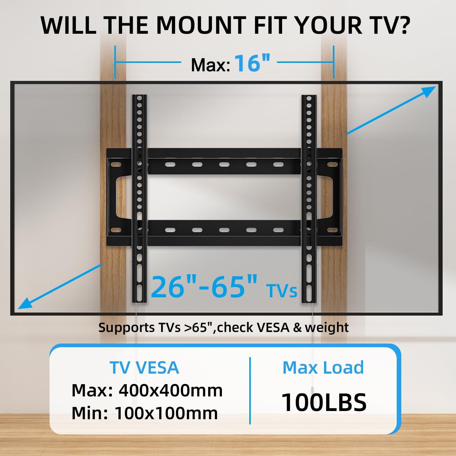 HOME VISION TV Wall Mount Fixed for Most 26-65 Inch Flat/Curved TVs with Max VESA 400X400mm up to 99Lbs Fits 16 Inch Wood Studs, Universal Low Profile Wall Mount TV Bracket, Space Saving HV8401