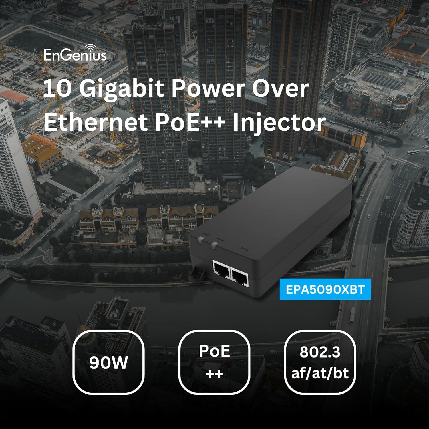 EnGenius 10Gbps Power Over Ethernet PoE++ Injector | 90W | Type 3 & 4 | 802.3af/at/bt | Plug & Play | Up to 100 Meters (328ft) | Single Port EPA5090XBT