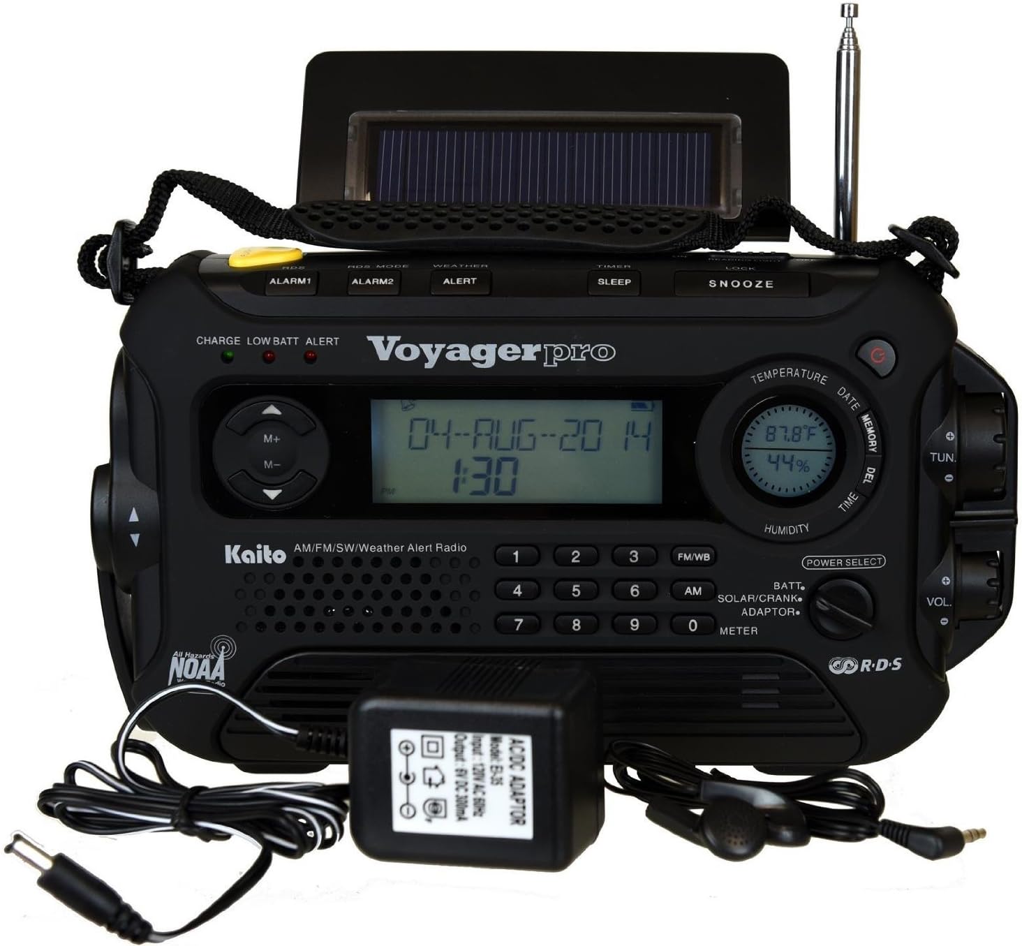 Kaito Voyager Pro KA600 Digital Solar Dynamo Hand Crank AM/FM/LW/SW & NOAA Weather Emergency Radio with Flashlight, Reading Lamp,Smart Phone Charger & RDS and Real-Time Alert, with AC Adapter, Black