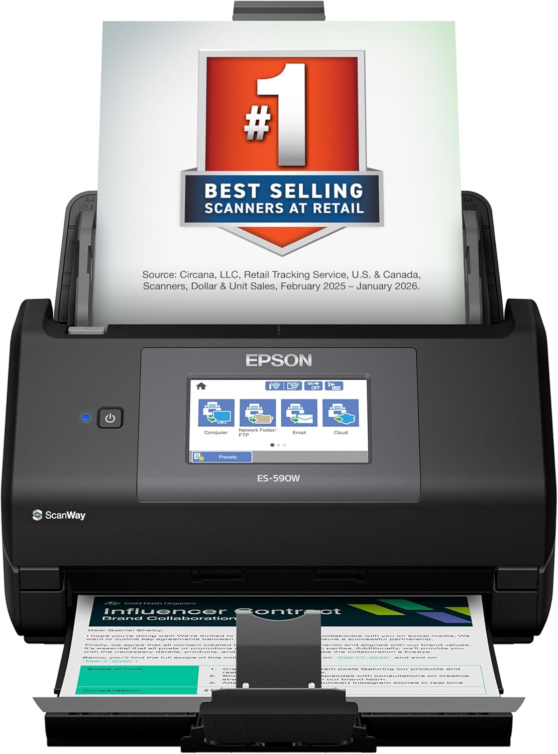 Epson Workforce ES-590W Wireless & USB High-Speed AI & Cloud Ready Desktop Color Duplex Document Scanner for Mac & PC, up to 45 ppm, Large 4.3