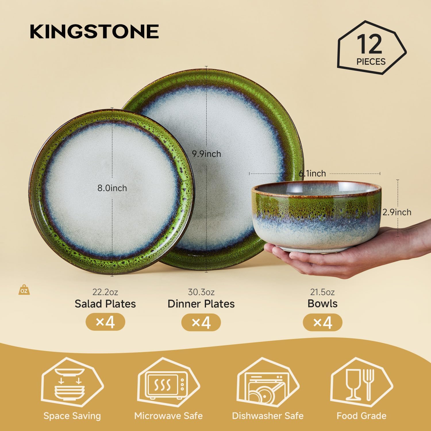 KINGSTONE Stoneware Dinnerware Sets for 4, 12-Piece Reactive Glaze Plates and Bowls Sets, Scratch-Resistant Rustic Ceramic Dish Set for Daily Party Gifts, Microwave Dishwasher Safe, Kiln-Fired Green