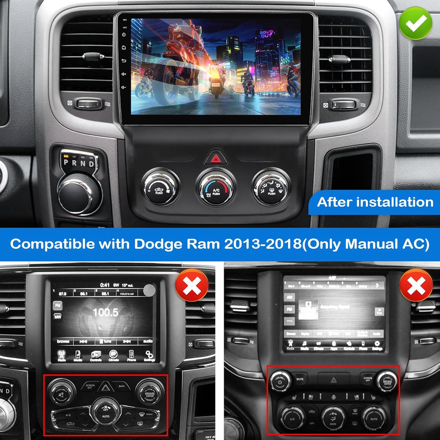 Car Stereo for Dodge RAM 1500 2500 3500 2013 2014 2015 2016 2017 2018 with Wireless CarPlay and Android Auto,9'' Android 13 Touch Screen Radio Replacement,2G Ram 32G ROM(Only fit Manual AC)