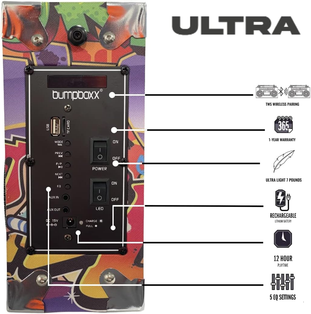 Bumpboxx Bluetooth Boombox Ultra Plus | Retro Boombox with Bluetooth Speaker | Includes Rechargeable Lithium Battery, Carrying Strap & Mic | Easy to Carry | NYC Graffiti