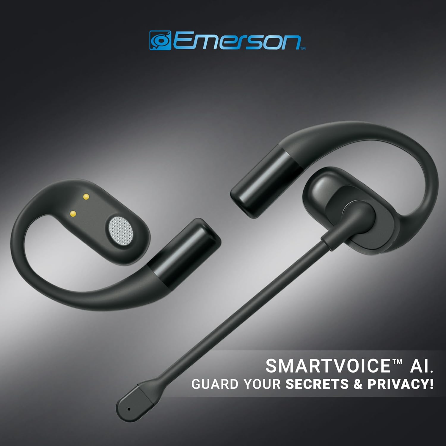 Emerson NoiseZero Open-Ear Earphones w/Charging Case, Smart AI 100dB ENC Microphone Cancelling 99.999% Noise, Max Privacy, Wireless Bluetooth Earbuds, IPX4, Gym, Work, Travel - Black