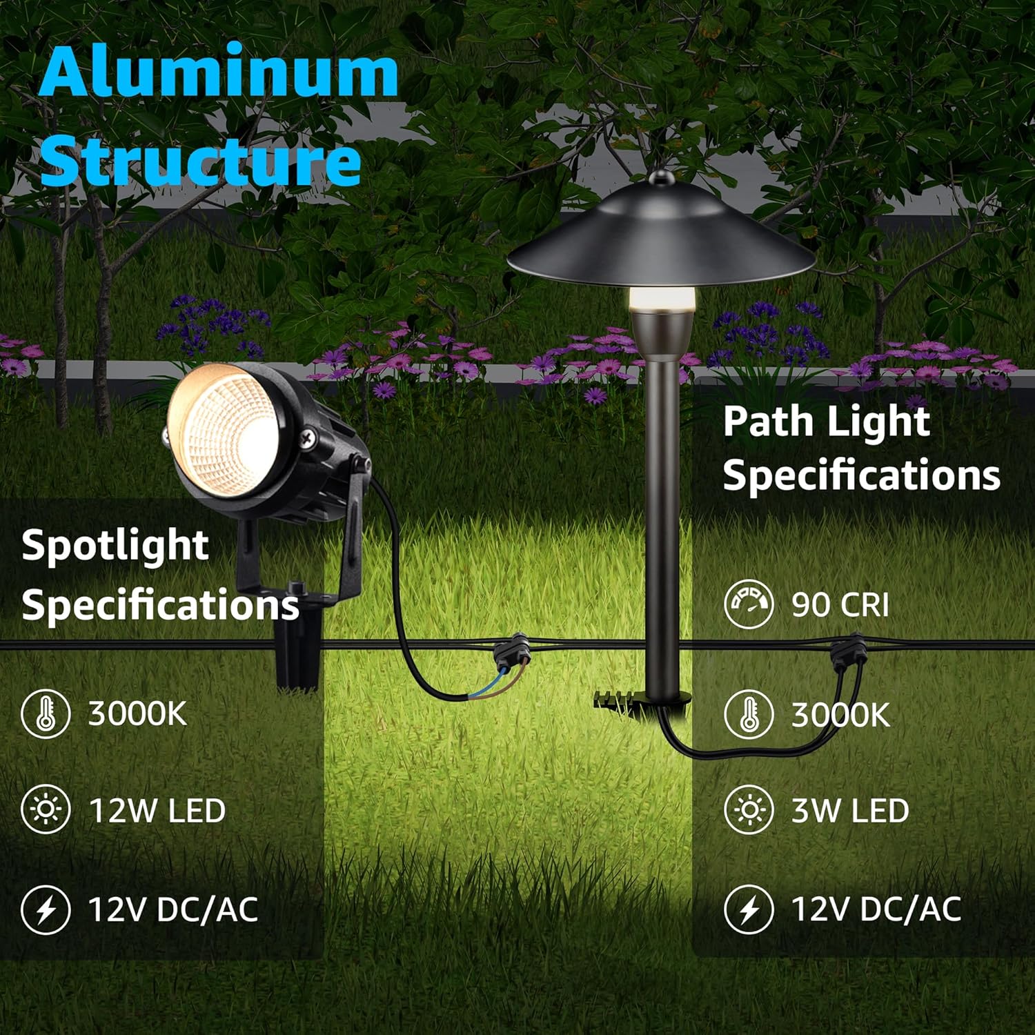 SUNVIE LED Low Voltage Landscape Lighting 12V Landscape Lighting Kit with Connectors, Low Voltage Pathway Lights with Spotlights Aluminum Pathway Lights Wired Waterproof for Patio Yard Garden, 12 Pack