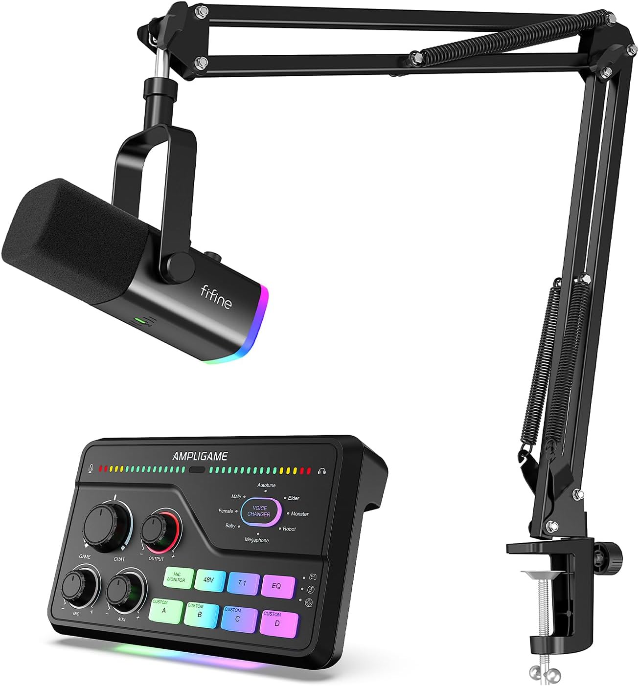 FIFINE XLR/USB Dynamic Microphone Bundle with Gaming Mixer, Streaming Mic Kit with XLR Interface, Mixer for Recording, Video Creation with Voice Changer, Game Chat Balance, RGB Control (AM8T+SC8)