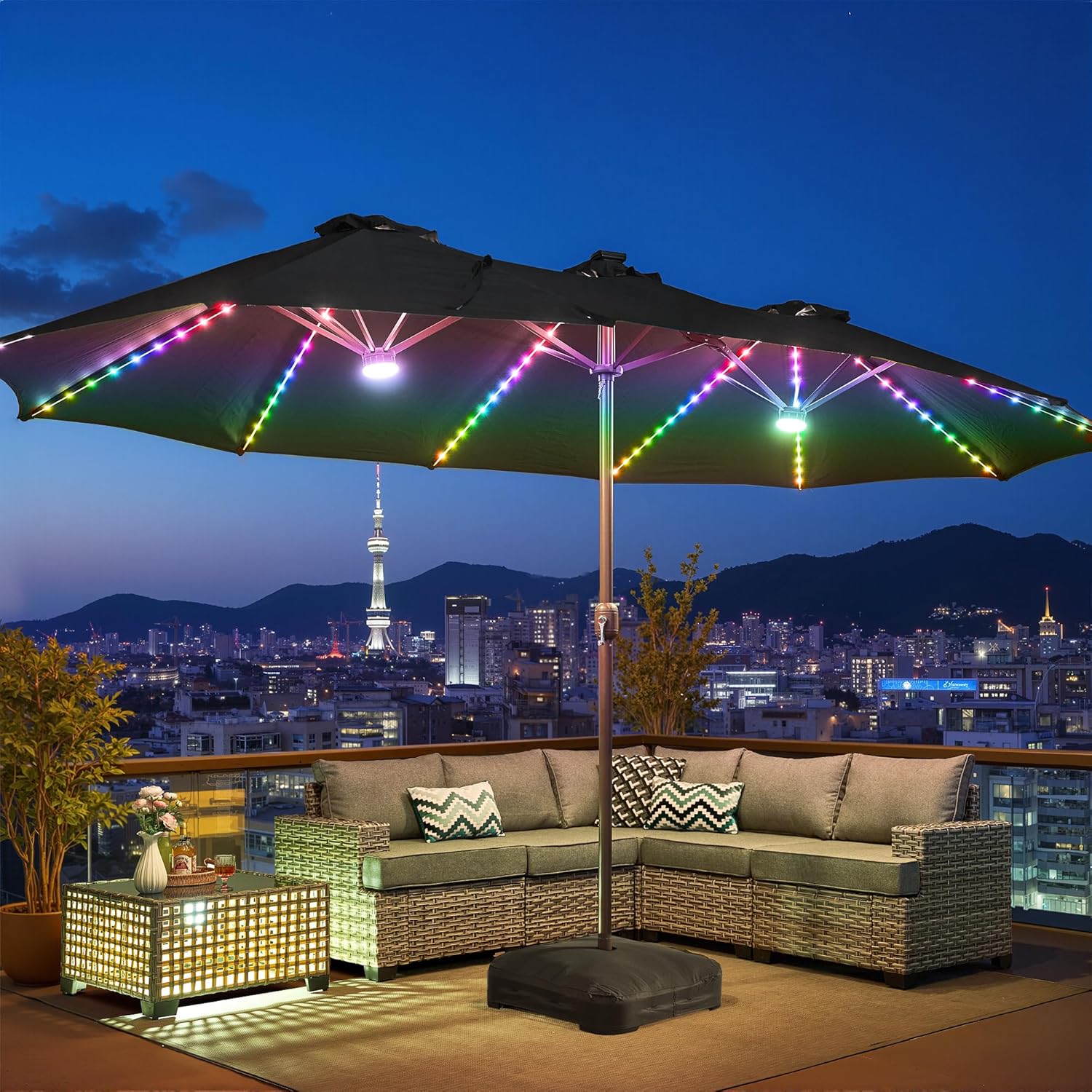 HOOOWOOO Outdoor Patio Umbrella With Solar Light,15 Ft Large Beach Umbrella,Picnic Parasol Sunshade W Base 156 Colorful LED APP Control DIY Light Modes Crank Handle For Backyard Deck Pool Shade