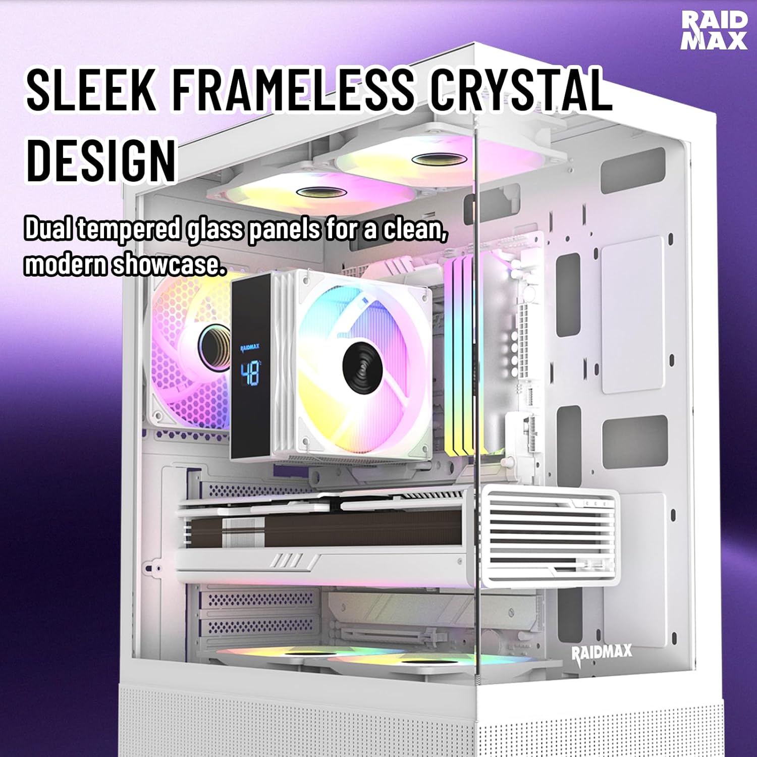 Raidmax i802 Vibe Series ATX Mid Tower Gaming Case Bundle – Tempered Glass Side Panel, Includes 700W 80+ Power Supply, AM1204 Digital Display Air Cooler, and 5 Pre-Installed FRGB Fans (White)