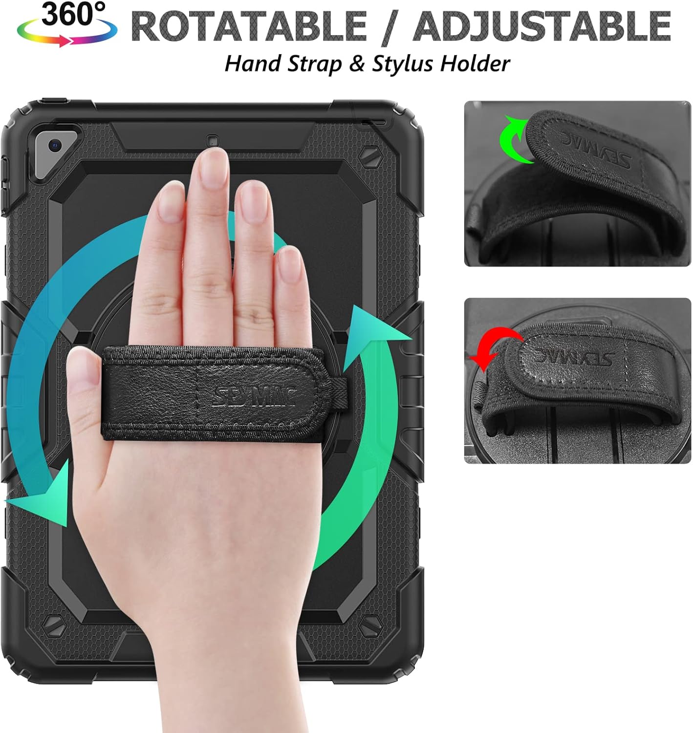 SEYMAC stock Case for iPad 9th/ 8th/ 7th Generation 10.2'', Shockproof with Screen Protector, Pencil Holder 360° Rotating Hand Strap & Stand, for iPad 10.2 inch 2021-2019 (Black)