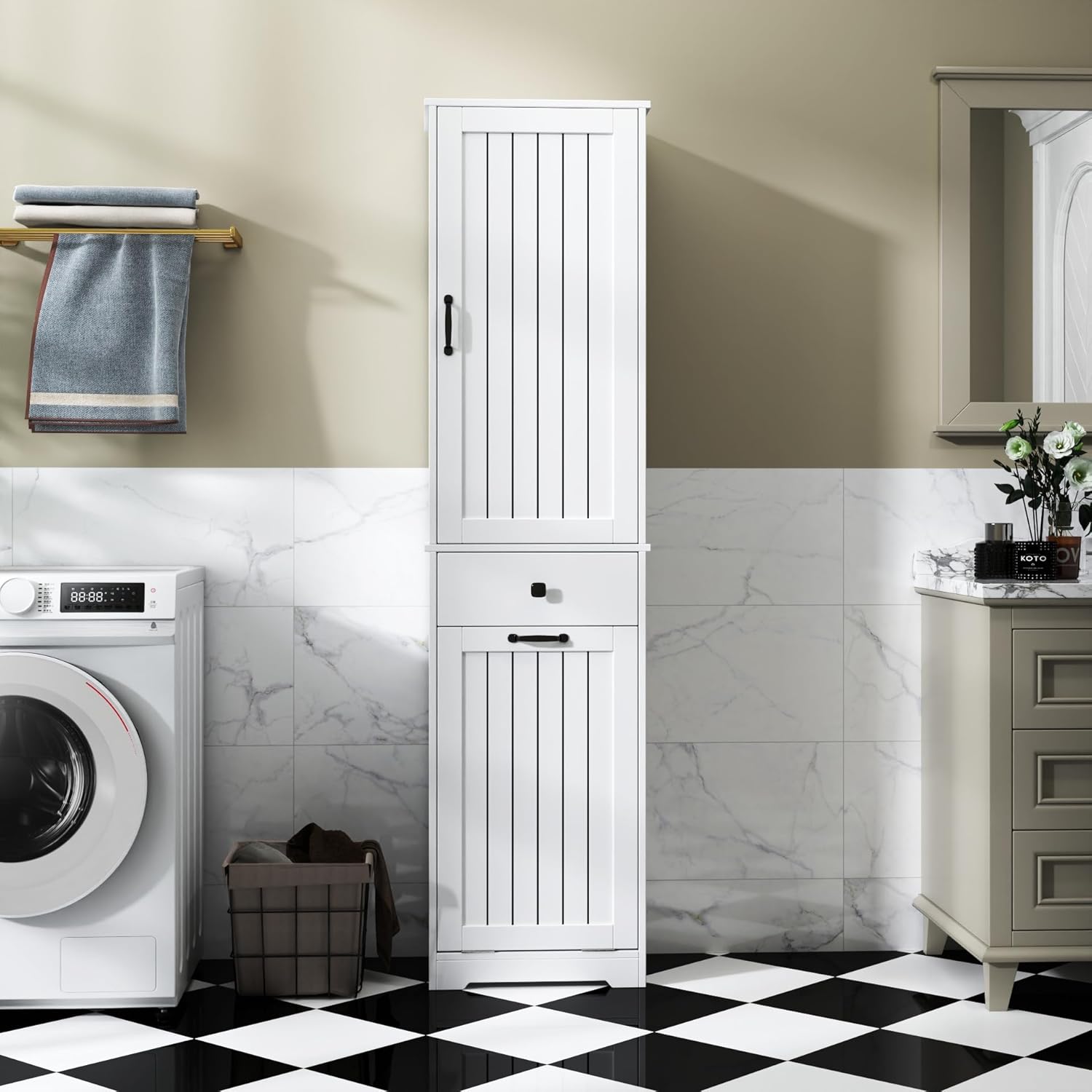 Laundry Cabinet with Doors and Shelf, Tilt-Out Laundry Hamper, Multiple Storage Space, Freestanding, Open Shelve, Adjustable Shelf, White, HU26041107 (11.81