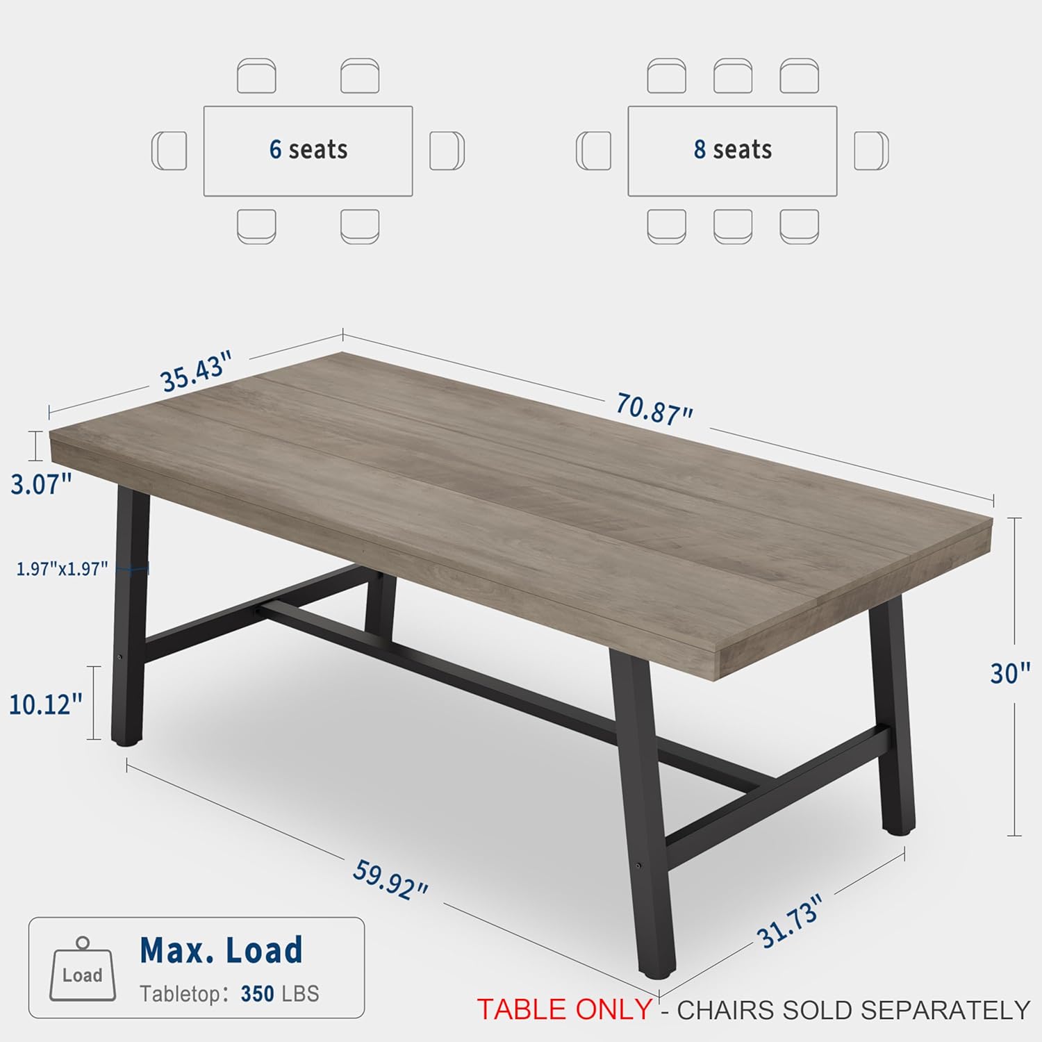 GarveeHome Industrial Dining Table for 6-8 People, 70.87