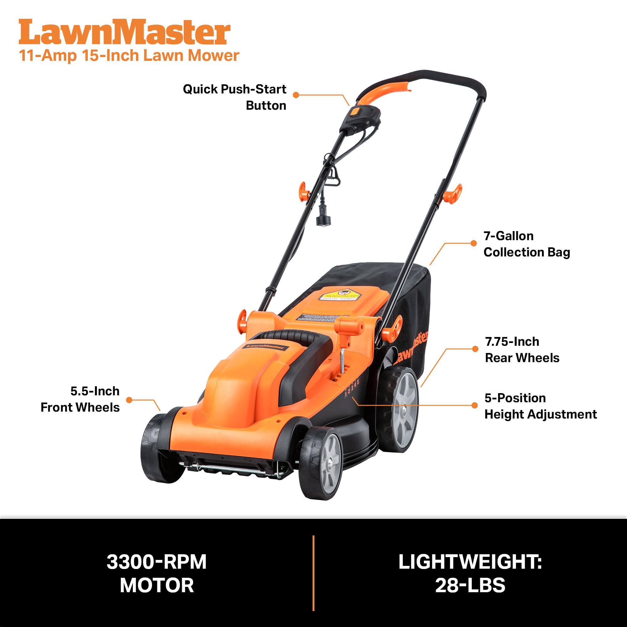 LAWNMASTER MEB1114K Electric Lawn Mower 15-Inch 11AMP