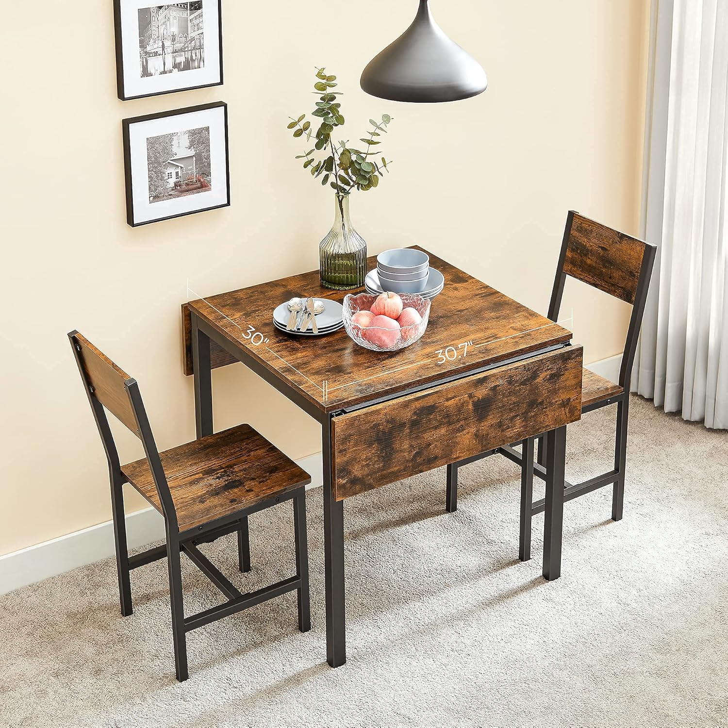 VASAGLE Folding Dining Table, Kitchen Table, Drop Leaf Extendable Table for Small Spaces, Seats 2-4 People, Industrial, Rustic Brown and Black UKDT077B01