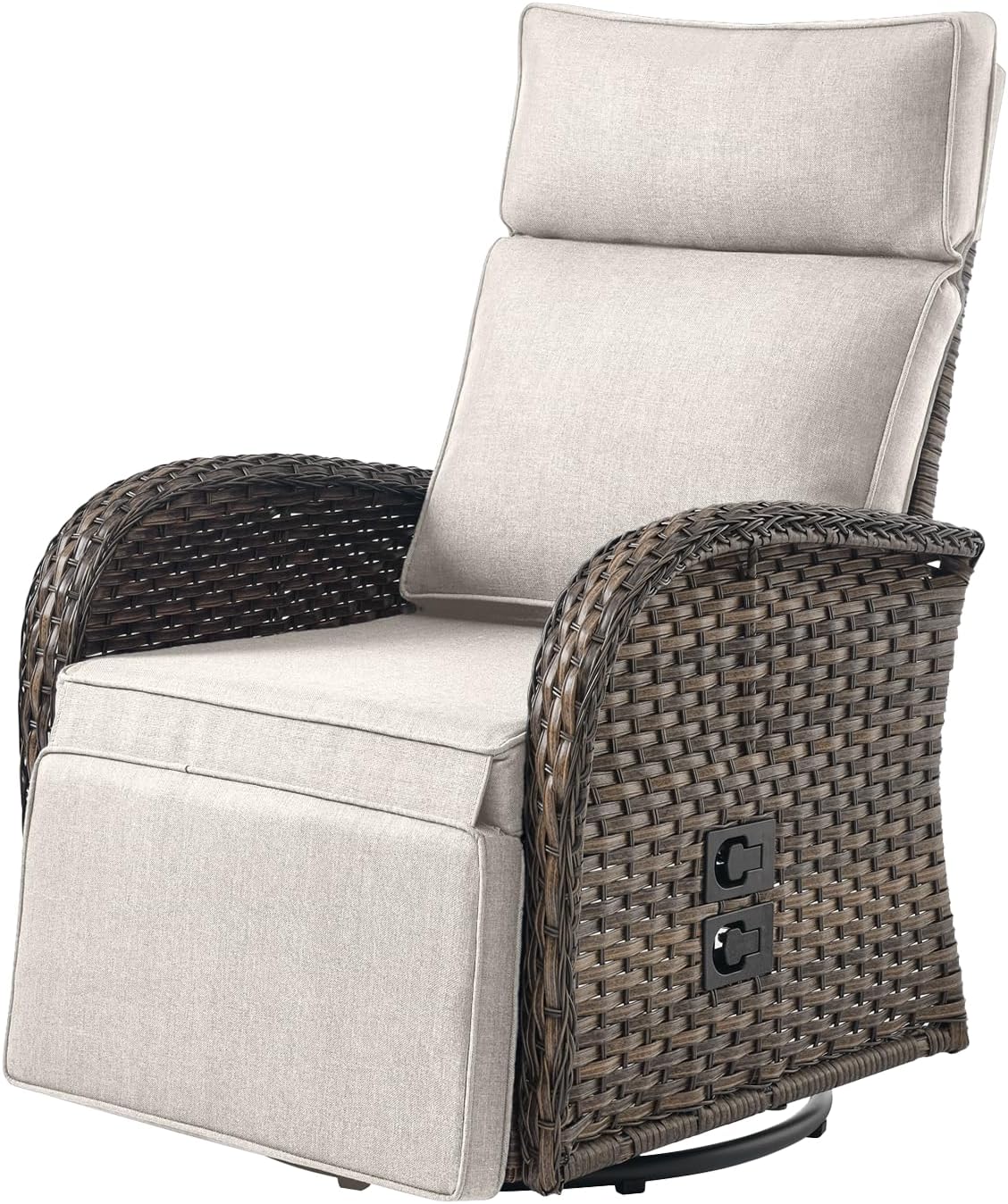 Outdoor Wicker Swivel Recliner with Adjustable Backrest&Ottoman - 1 Set Dural-Adjust High Back Brown Rattan Patio Lounges Reclining Chair for Porch Poolside Pool Sunbathing - Beige