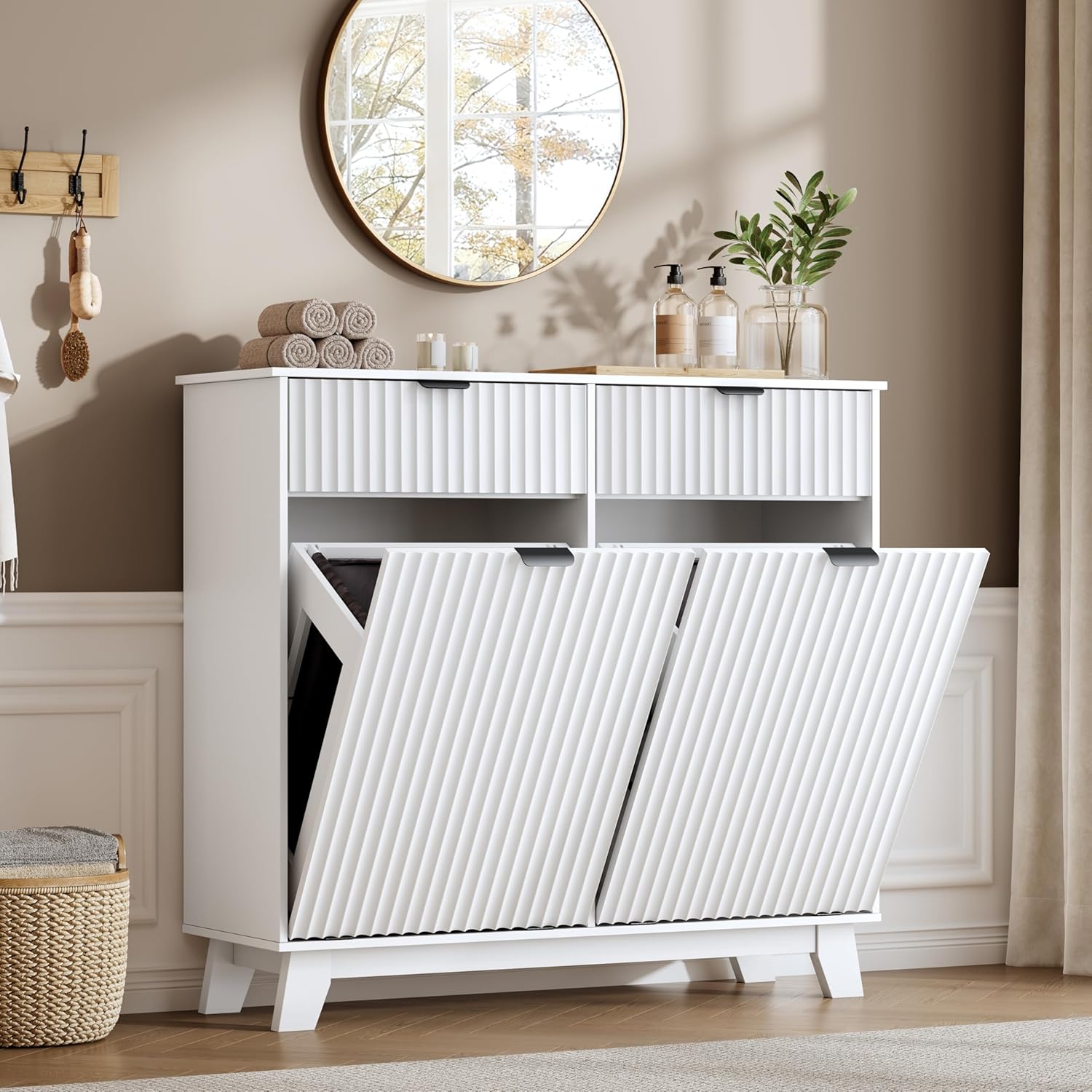 Double Tilt Out Laundry Hamper Cabinet, 20 Gallon Wooden Trash Can Cabinet with Drawers, Hidden Fluted Bathroom Storage Cabinet for Kitchen, Living Room (White, 39.34