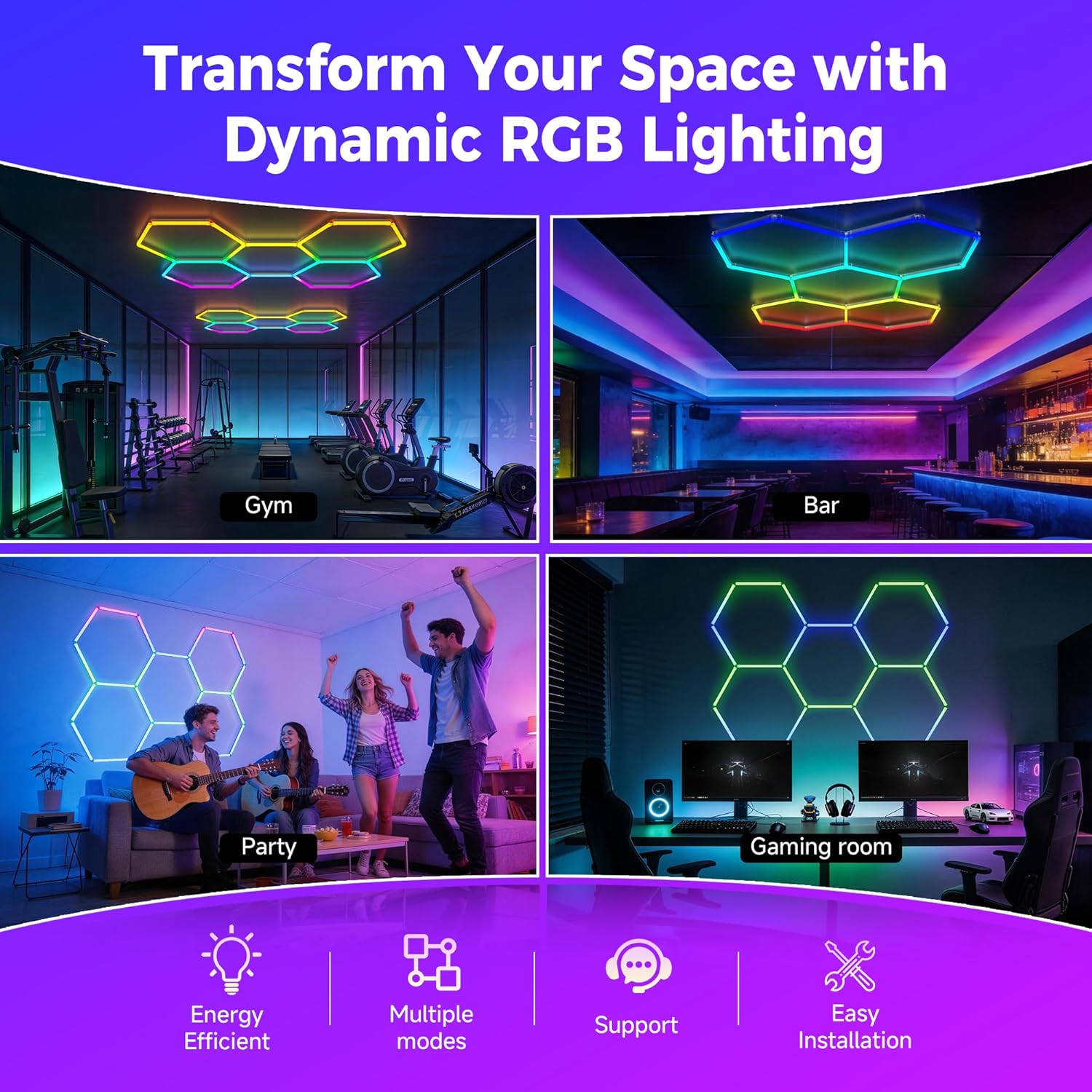 RGB Hexagon Lights with Remote, Music Sync Mode & 358+ Colors, LED Hexagon Lights for Gaming Room, Gym Lighting, Garage, Room Decor, Basement, Shop Light, Bar Lighting