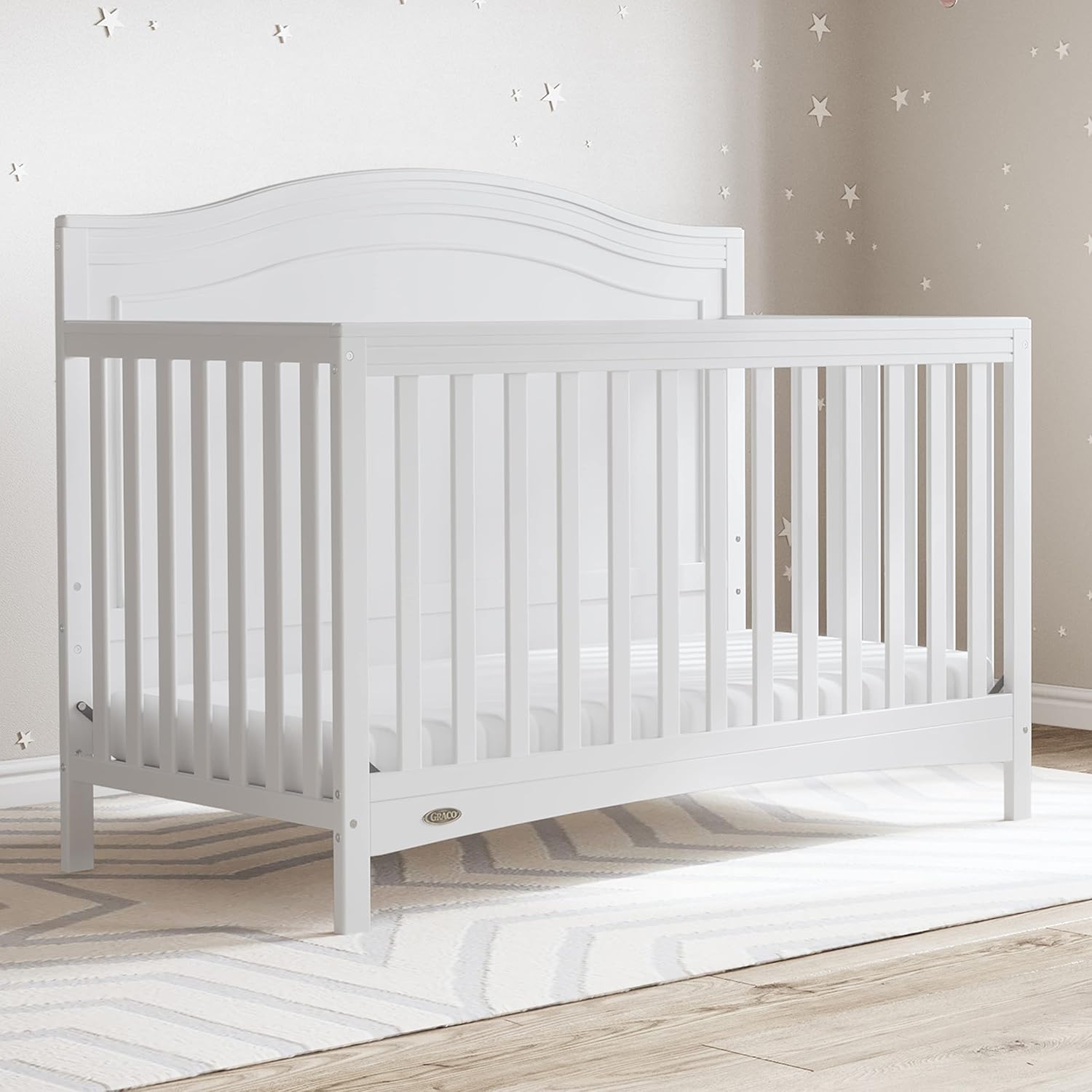Graco Paris 4-in-1 Convertible Crib – GREENGUARD Gold Certified, Converts to Toddler Bed and Daybed, Fits Standard Full-Size Crib Mattress, Adjustable Mattress Support Base (White)