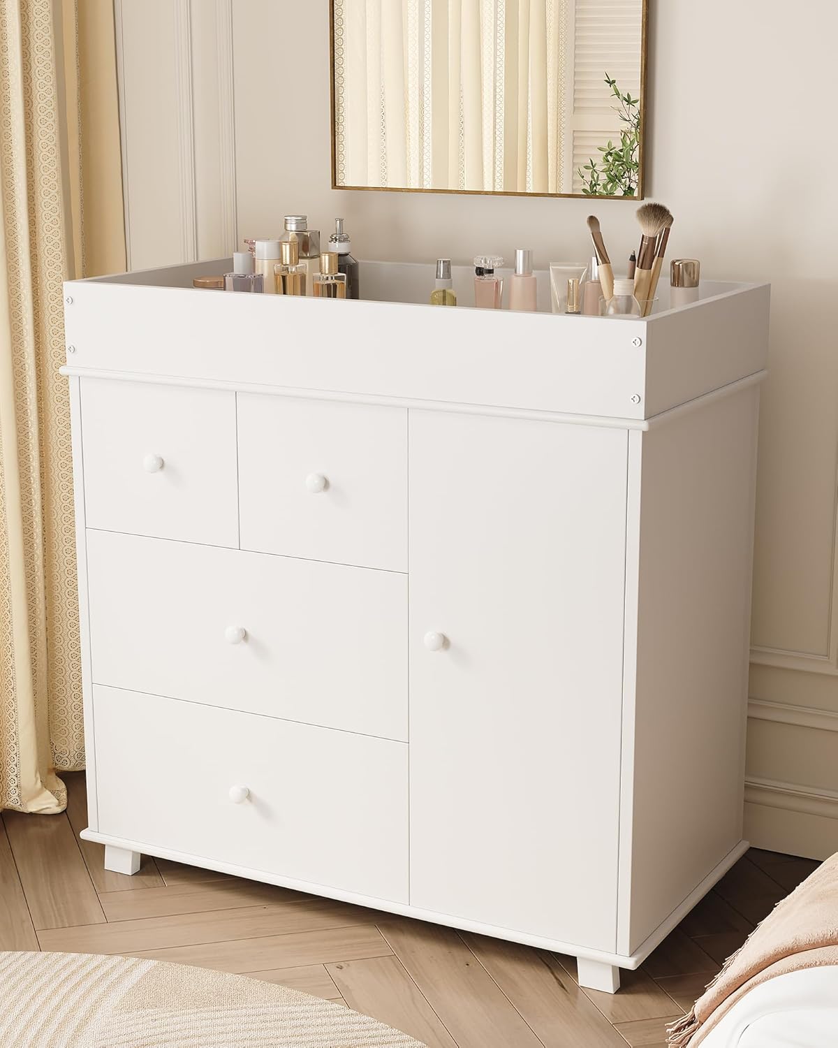 Baby Changing Table Dresser, Modern Diaper Changing Station with 5 Drawers,Multi-Functional Infant Nursery Baby Dresser with Pad,Storage Crib for Bedroom,Children's Room, White