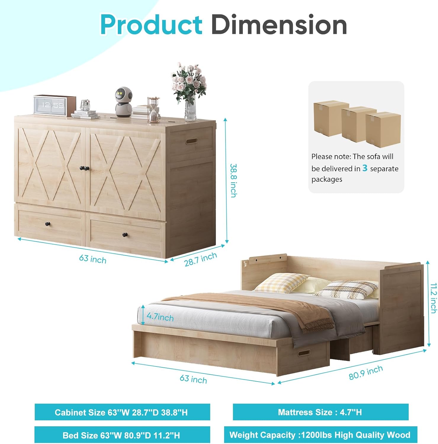 CECER Queen Size Murphy Bed with Tri-Folding Mattress .Murphy Bed with Charging Station and Two Large Storage Drawers for Small Spaces/Bedroom（Natural Wood）-Mattress Include