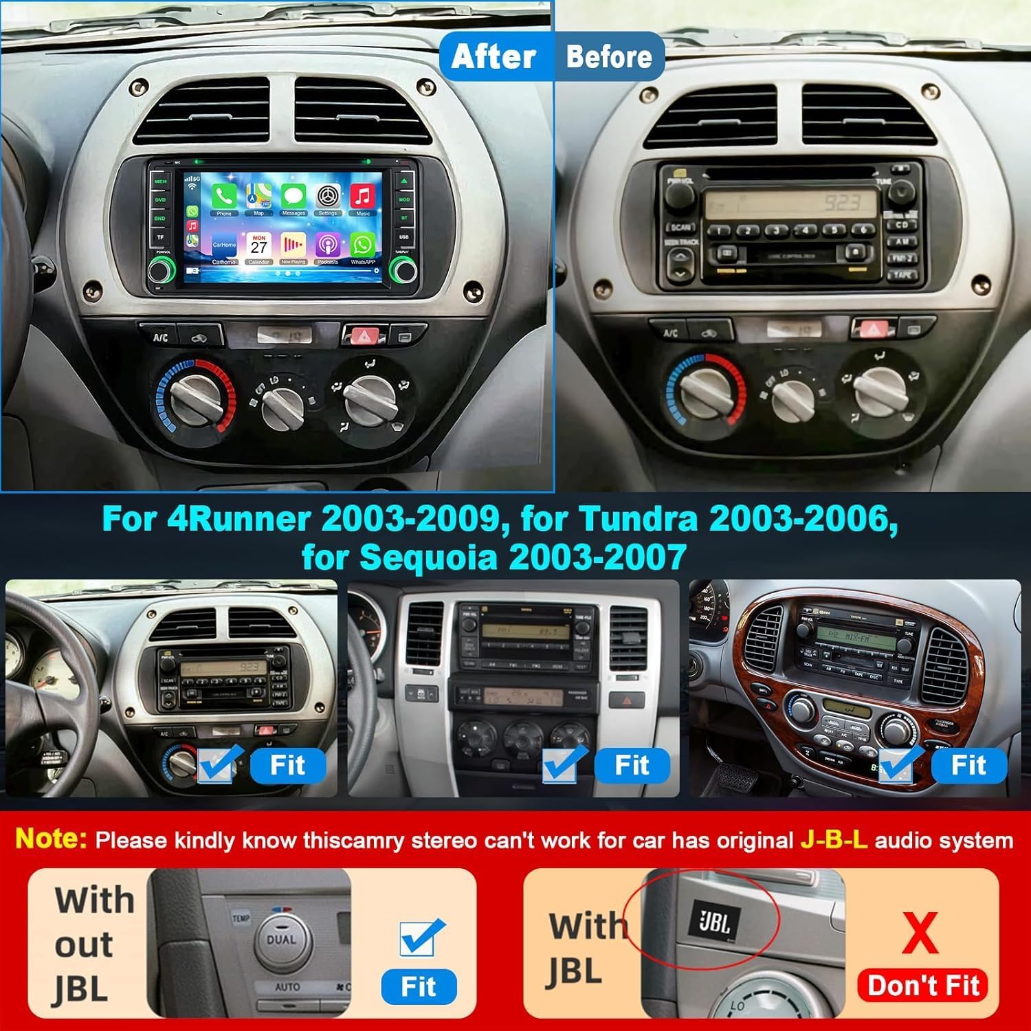 7 Inch Car Radio for Toyota 4Runner 2003-2009, for Tundra 2003-2006, for Sequoia 2003-2007, Car Stereo with CD/DVD Player- CarPlay & Android Auto,Bluetooth & FM Radio