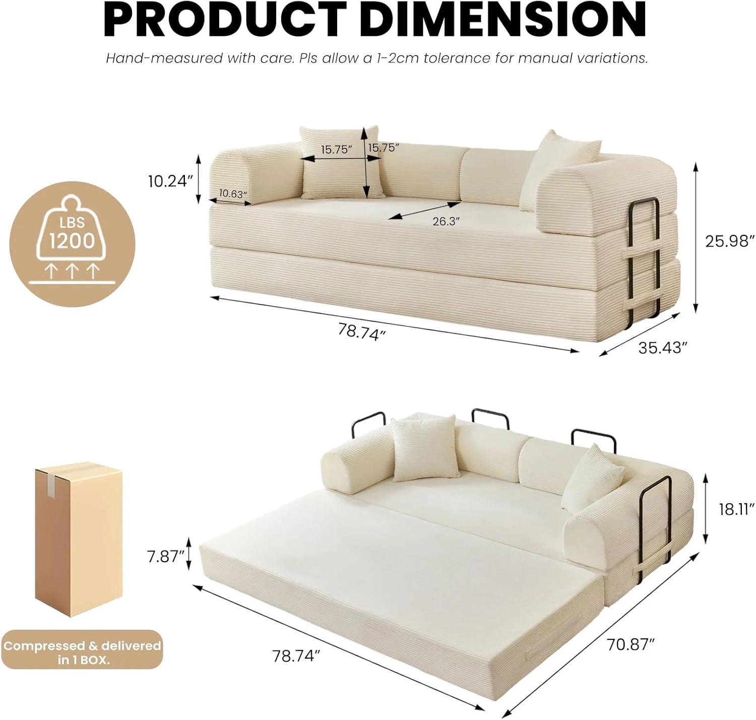 79'' Folding Convertible Sofa, Corduroy Modular Floor Couch with Pull Out Bed, 5-in-1 Sleeper Sofa Bed, No Assembly Space Saving Guest Sofa for Living Room Bedroom Apartment Lounge (Beige White) | High Backrest, No Assembly, Convertible Sofa, Space-S