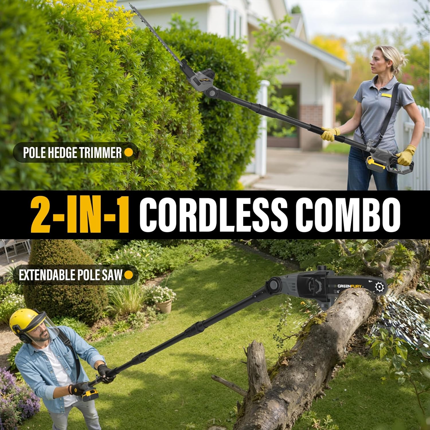 2-in-1 Cordless Pole Saw & Hedge Trimmer Compatible with Dewalt 20V Max Battery, 18